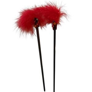 Red/Pink Feather Beaded Black Chopstick Hair Sticks Set